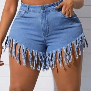 Light Blue High Waist Fringe Denim Shorts